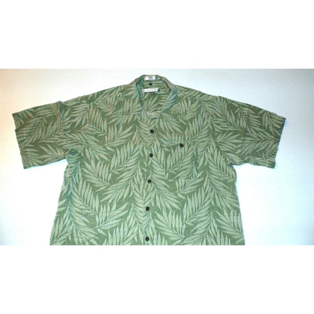Geoffrey Beene 100% Silk Short Sleeve Button Front Woven Green Large EUC